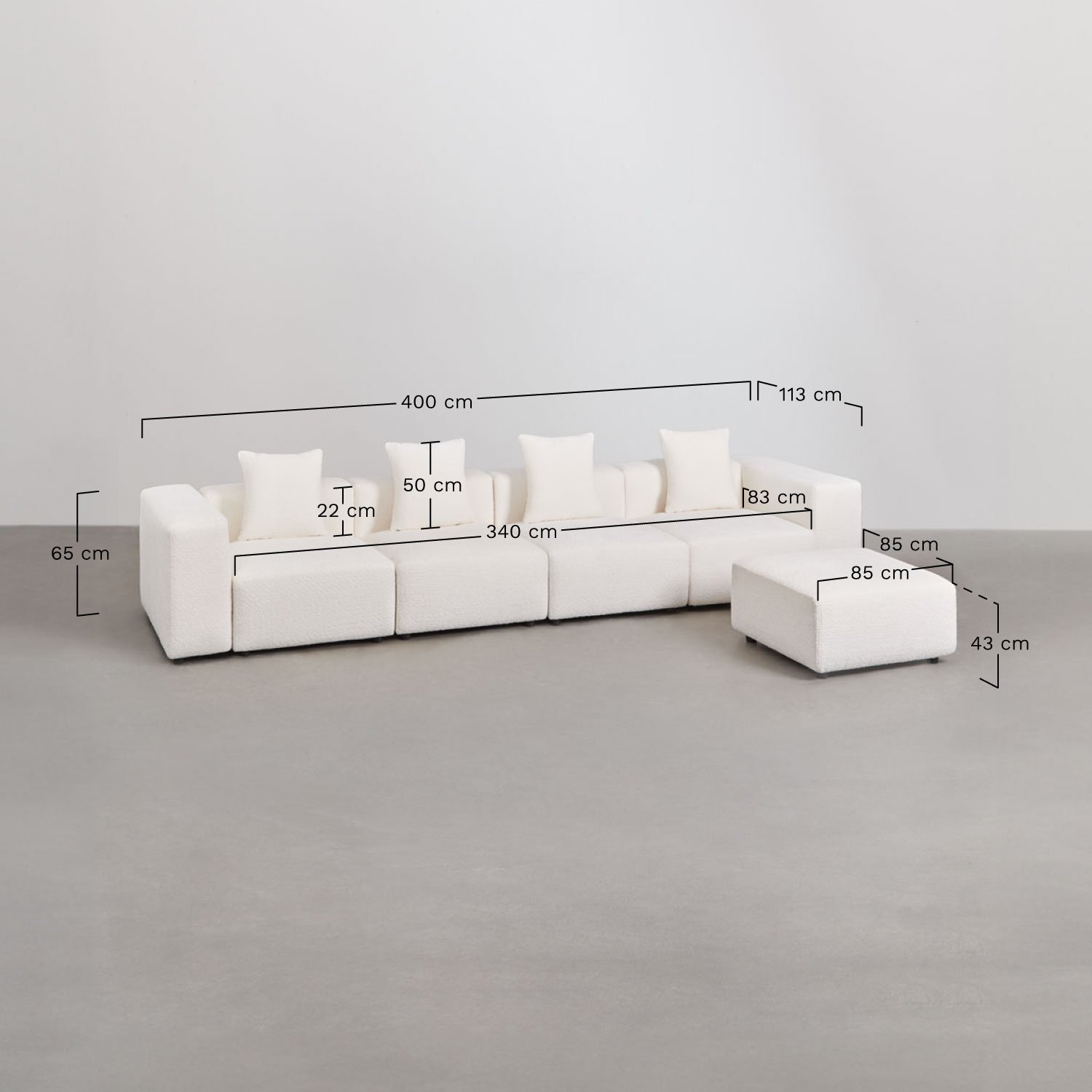 Sofá modular de 4 piezas con reposabrazos alto y puff ↔︎400 cm Bruna , medidas