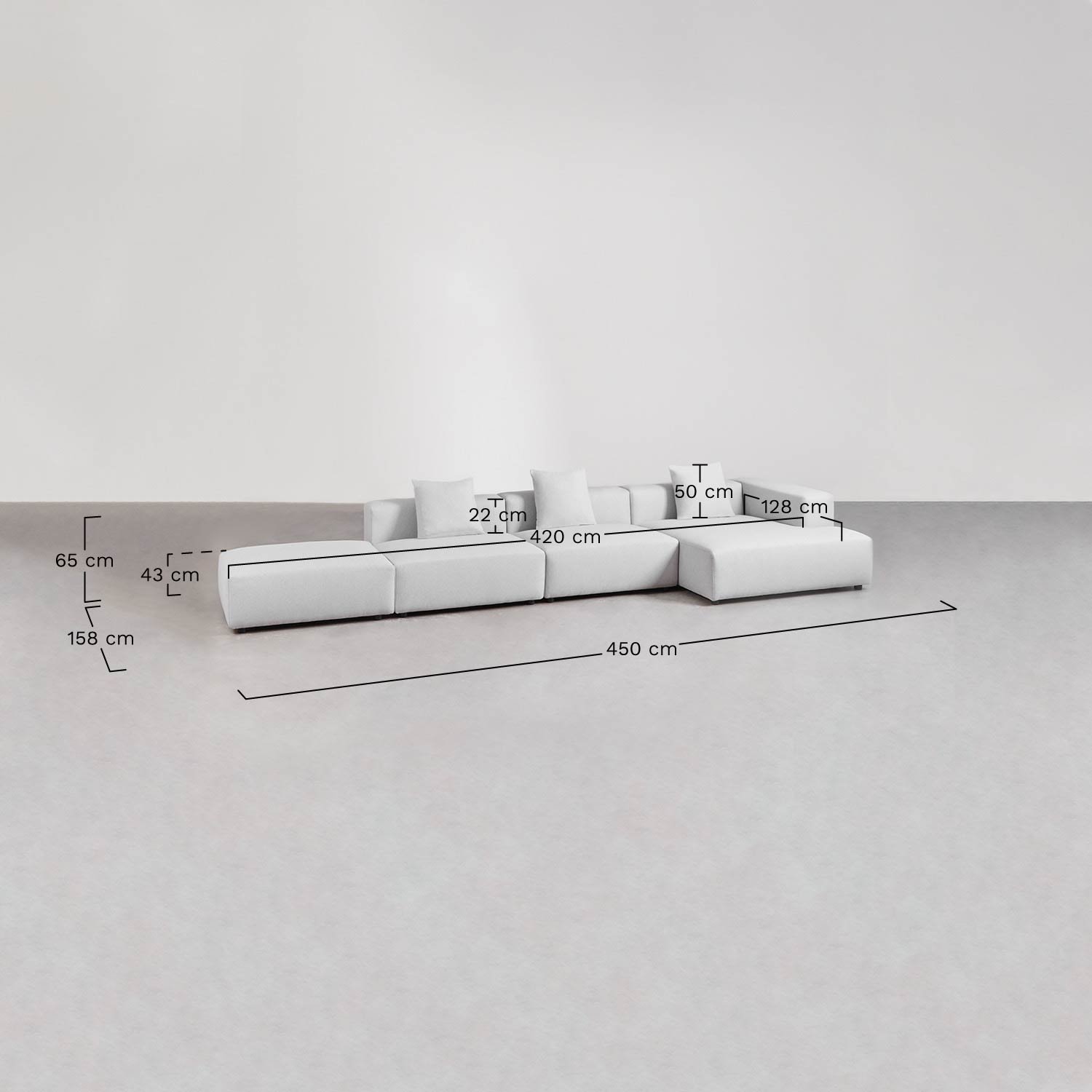 Sofá modular chaise longue esquinero derecho de 3 piezas con puff ↔︎450 cm Bruna  , medidas