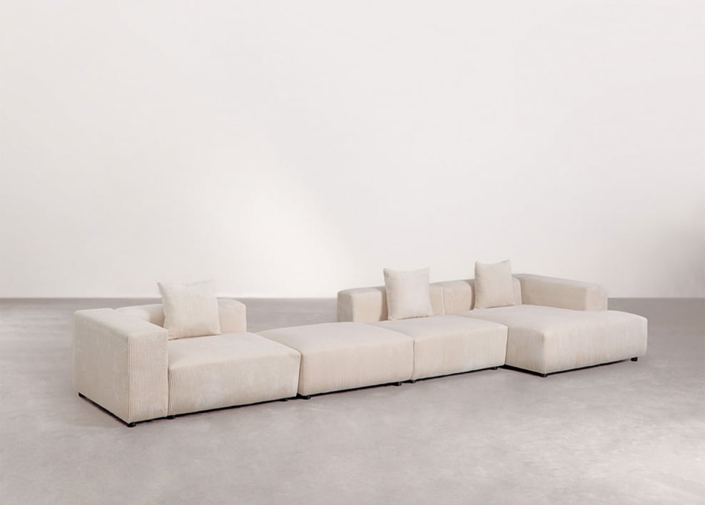 Sofá modular chaise longue derecho de 3 piezas con reposabrazos alto y puff ↔︎480 cm Bruna