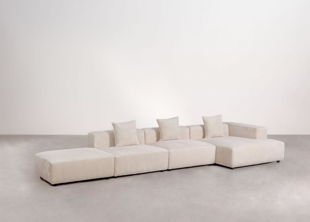 Sofá modular chaise longue esquinero derecho de 3 piezas con puff ↔︎450 cm Bruna