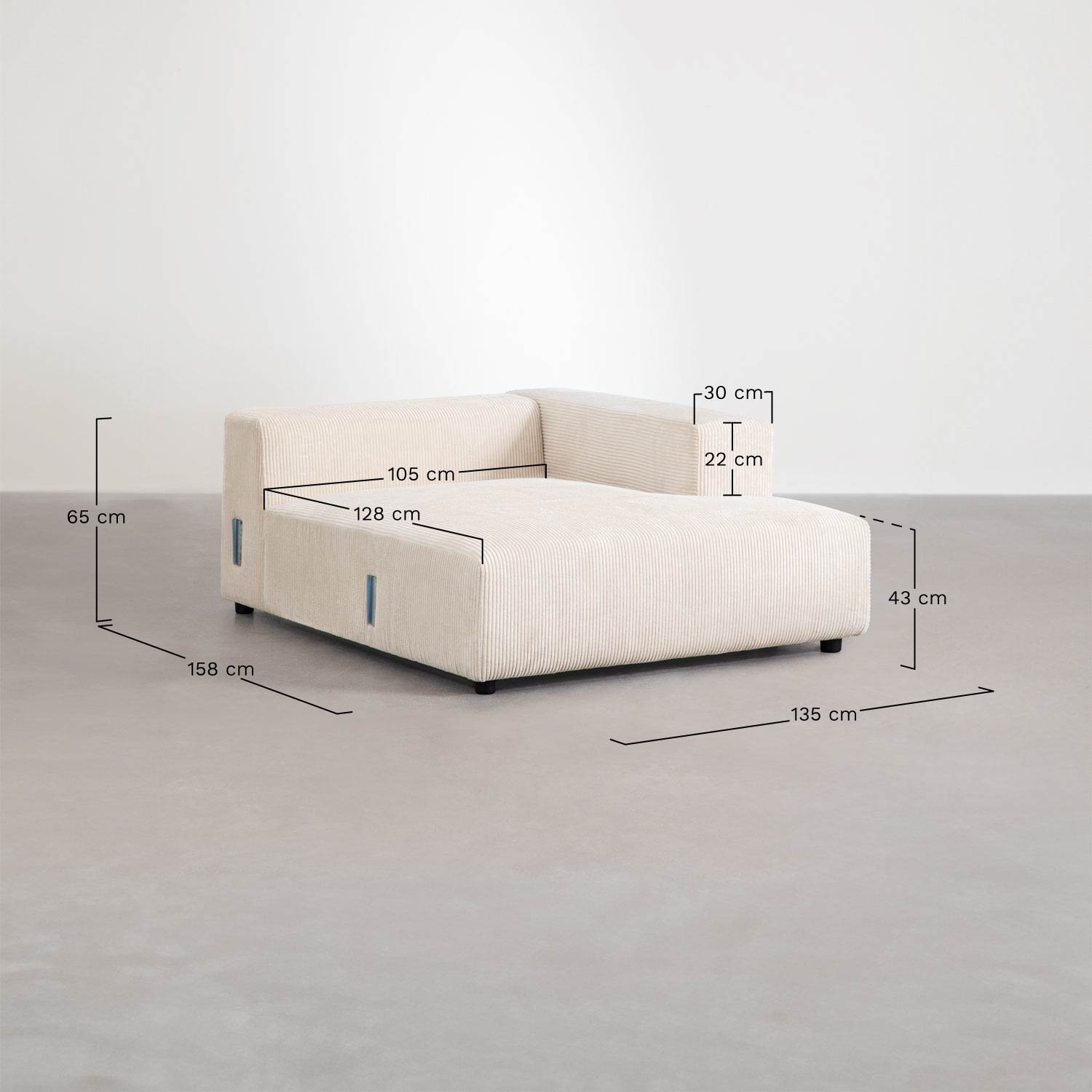 Módulo chaise longue derecho para sofá modular Bruna, medidas