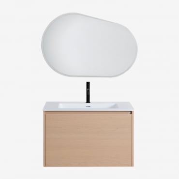 Conjunto De Mueble De Baño Suspendido En Madera Con Lavabo Integrado Jacob Madera Natural & Ovalado Led Y Antivaho 100x80 Cm Riben & Negro - Sklum