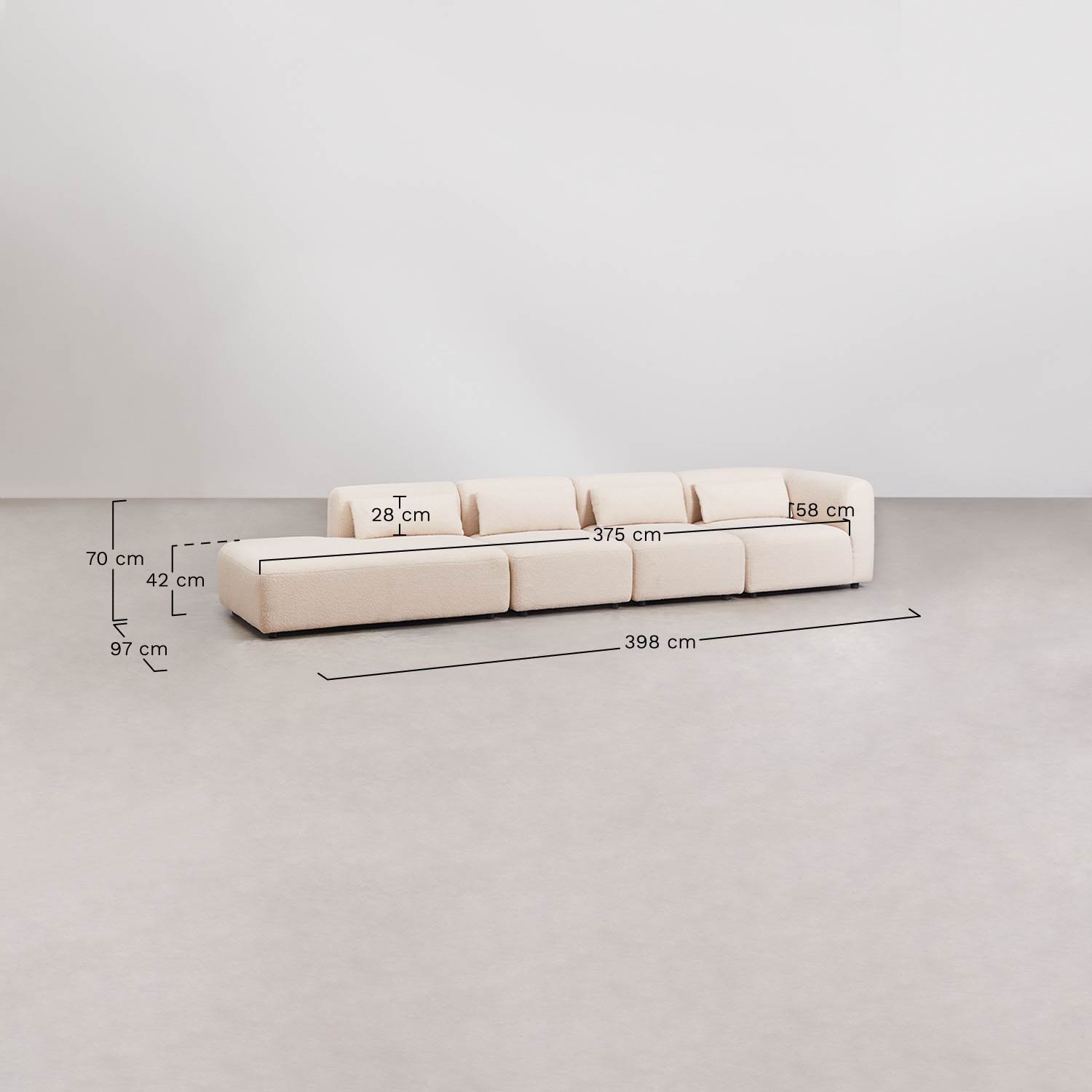 Sofá modular esquinero de 4 piezas con diván izquierdo Fogler, medidas