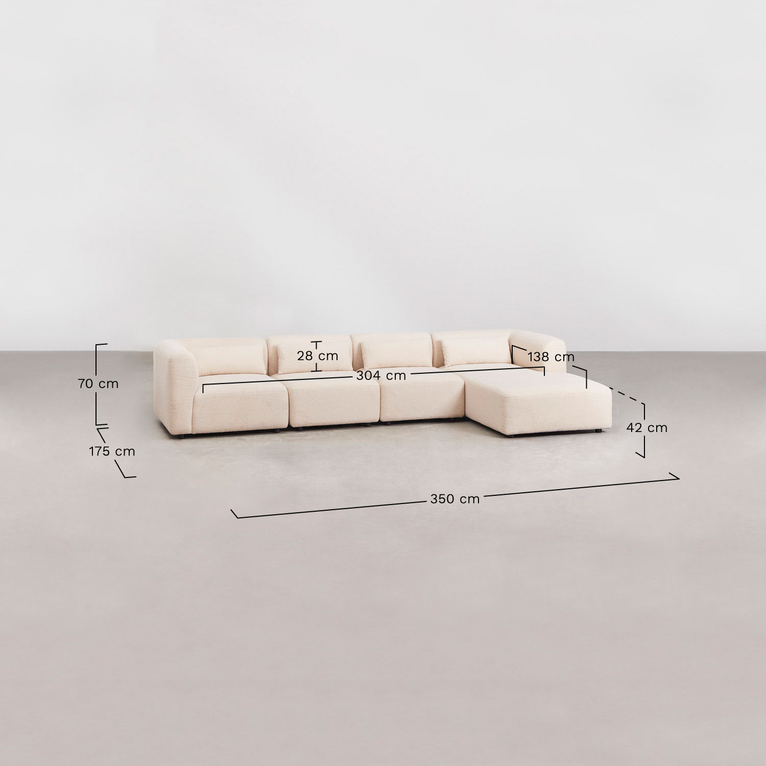 Sofá modular chaise longue derecho de 4 piezas Fogler, medidas