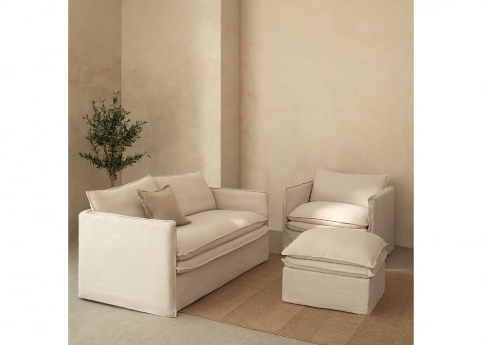 Conjunto de salón con sofá de 2 plazas, sillón y puff en lino y algodón Grace