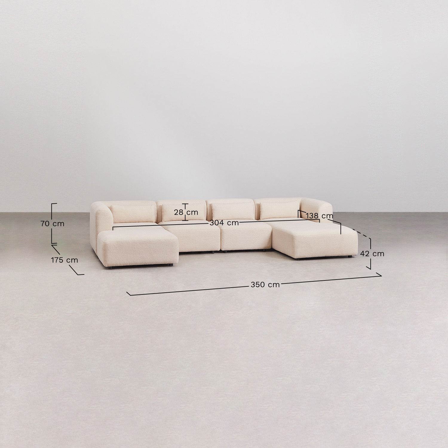 Sofá modular chaise longue derecho de 4 piezas con puff Fogler, medidas