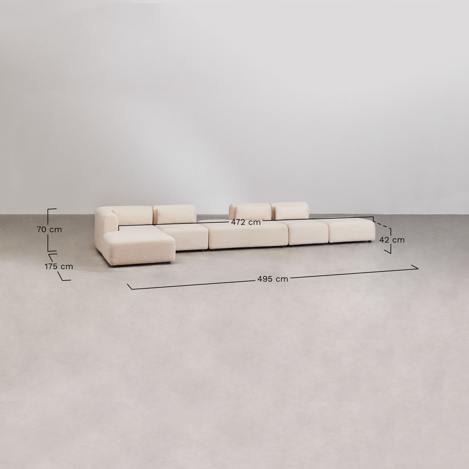 Sofá modular chaise longue esquinero izquierdo de 4 piezas con diván y puff Fogler, medidas