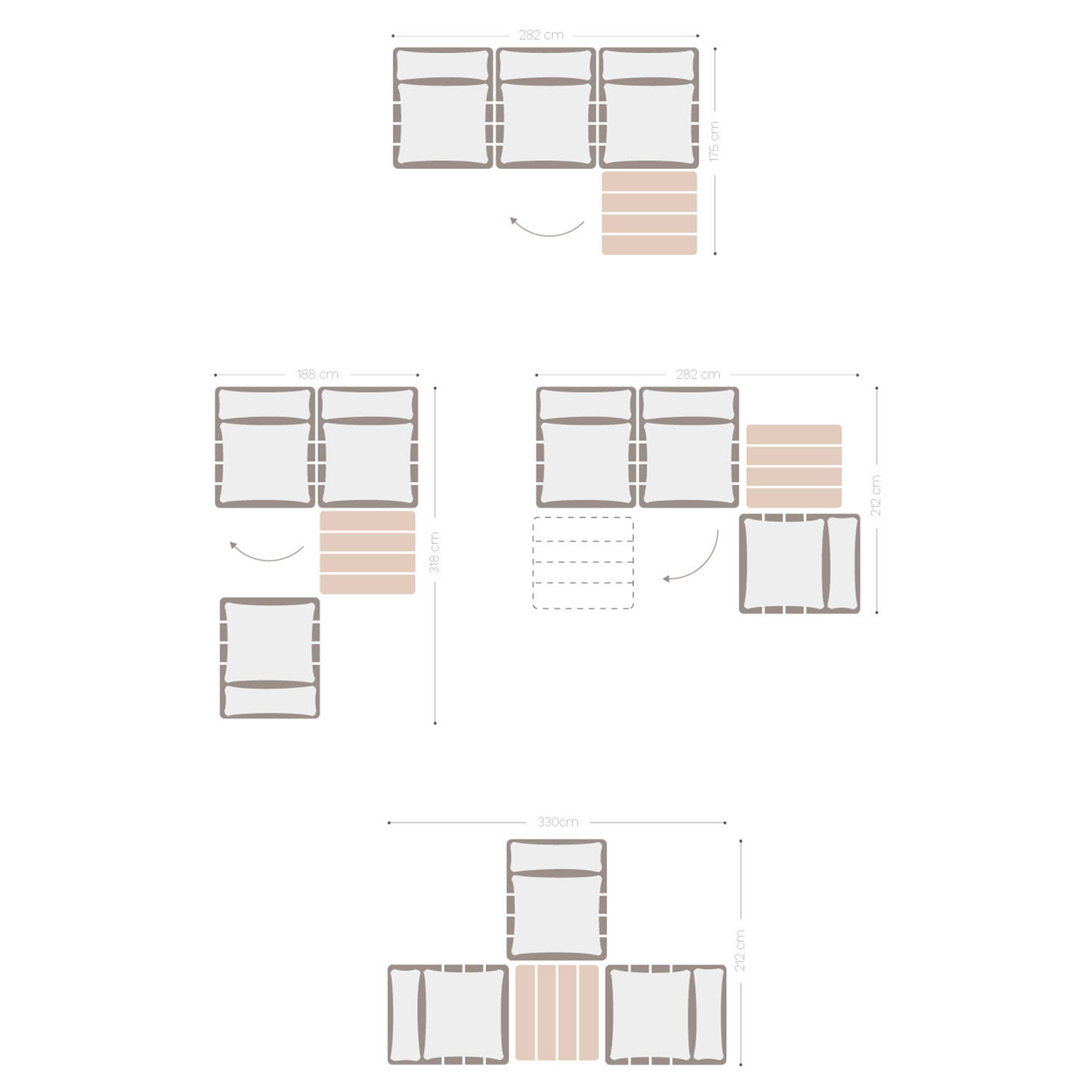 Conjunto de salón con sofá modular reclinable de 3 piezas y mesa de centro en madera de acacia Brina, medidas
