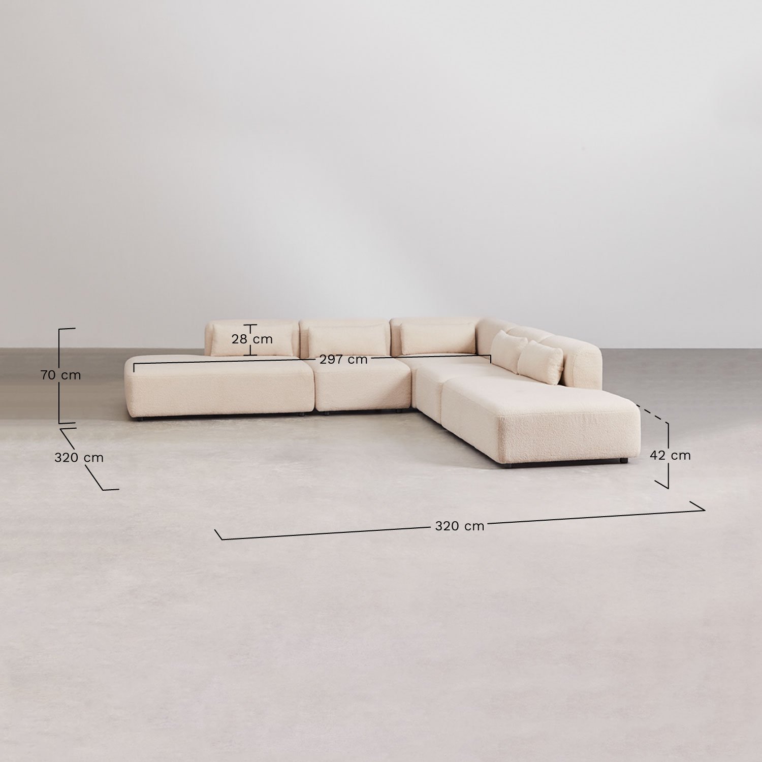 Sofá modular esquinero de 5 piezas con doble diván Fogler, medidas