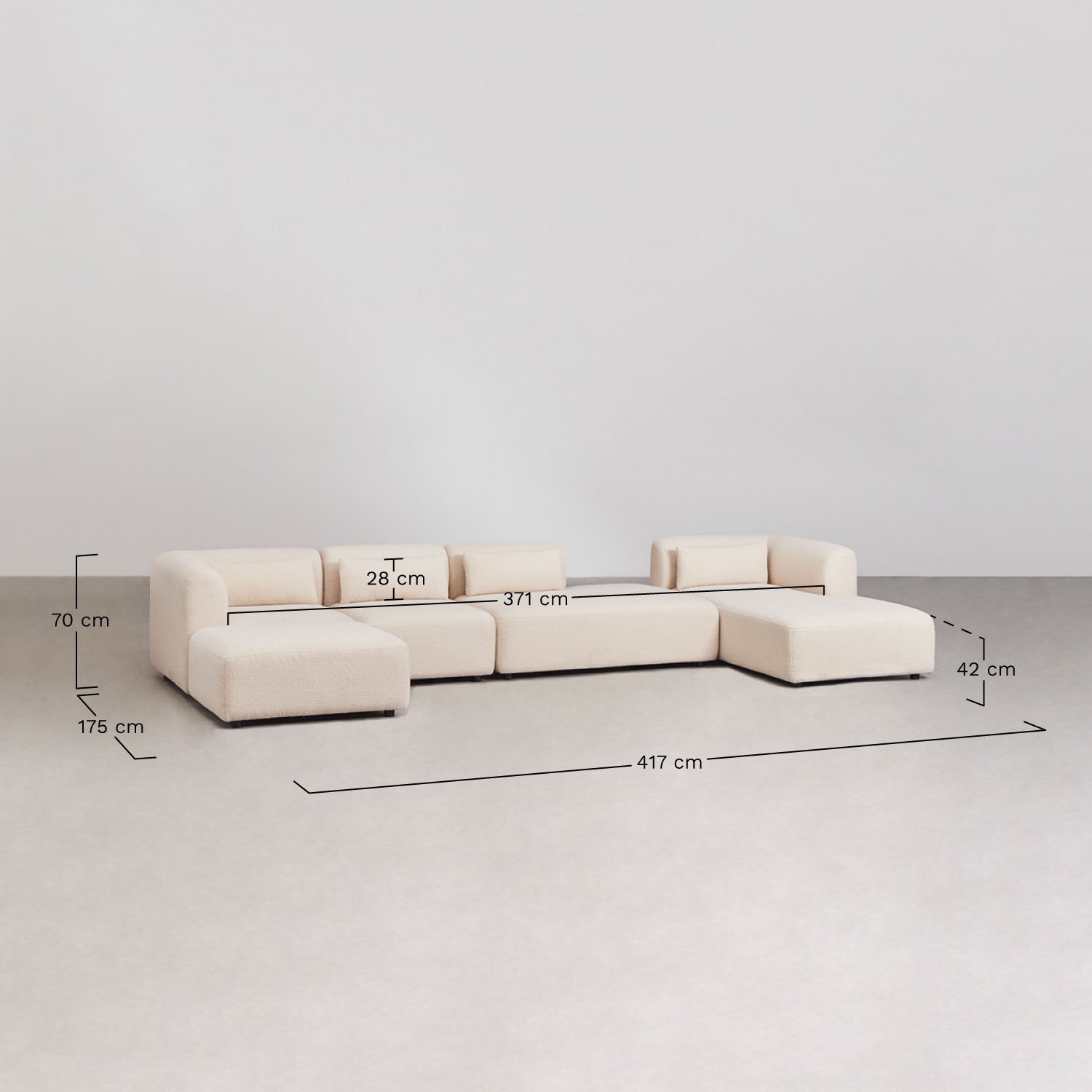 Sofá modular chaise longue derecho de 4 piezas con diván y puff Fogler , medidas