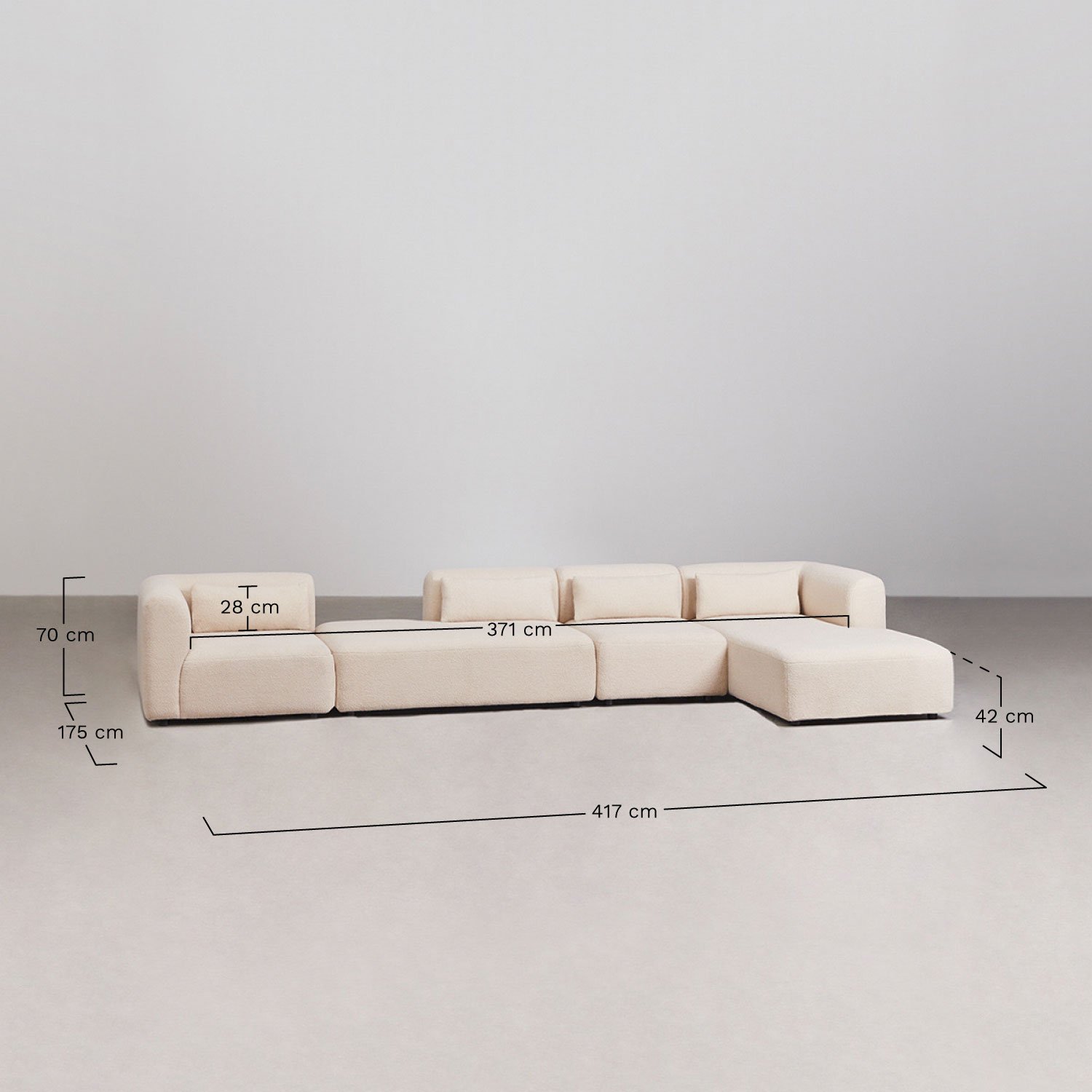 Sofá modular chaise longue derecho de 4 piezas con diván Fogler, medidas