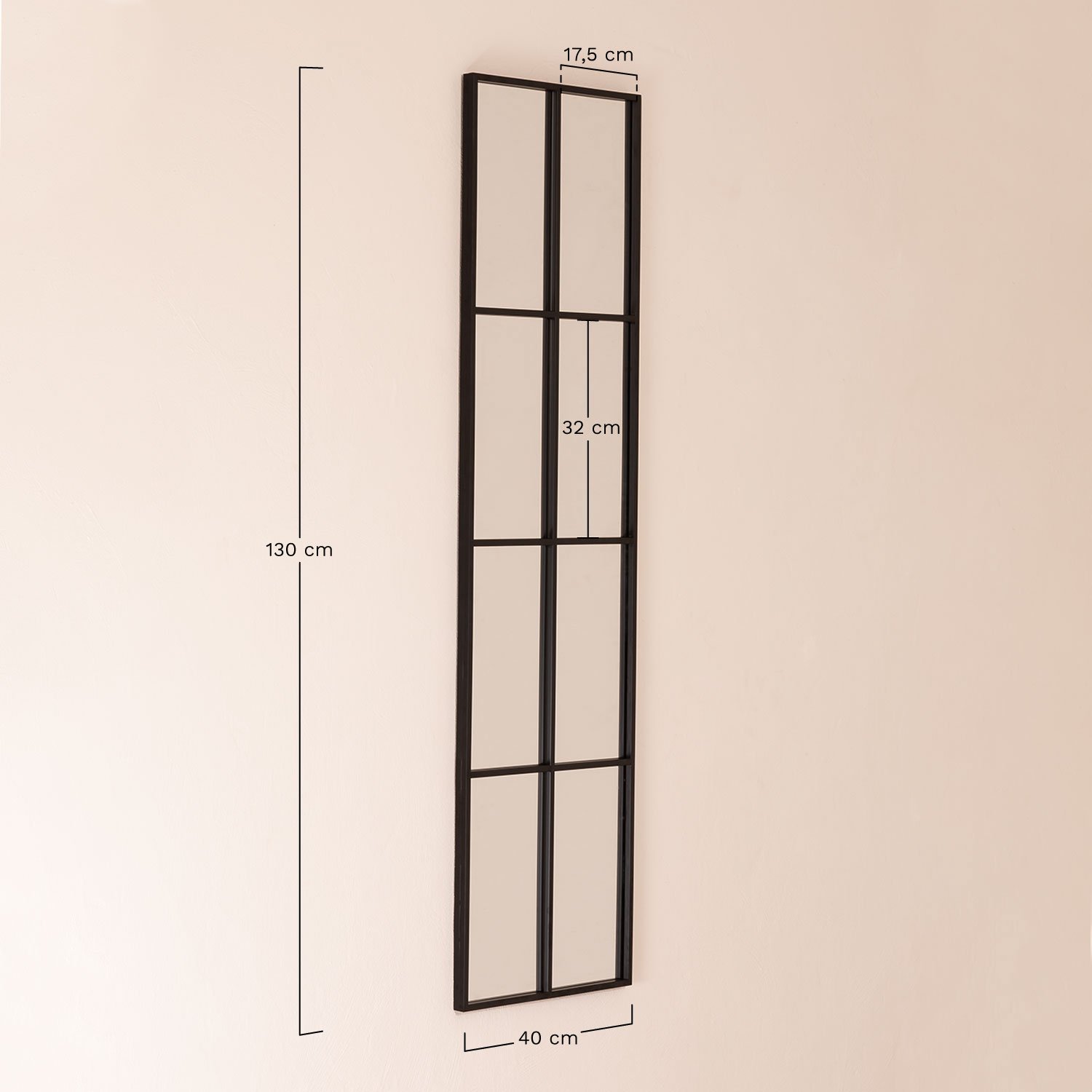 Espejo de pared rectangular 40x130 cm en metal efecto ventana Rania, medidas
