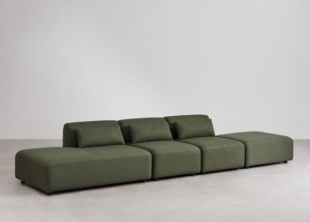 Sofá modular de 3 piezas con diván izquierdo y puff Fogler - Borreguito Verde Salvia