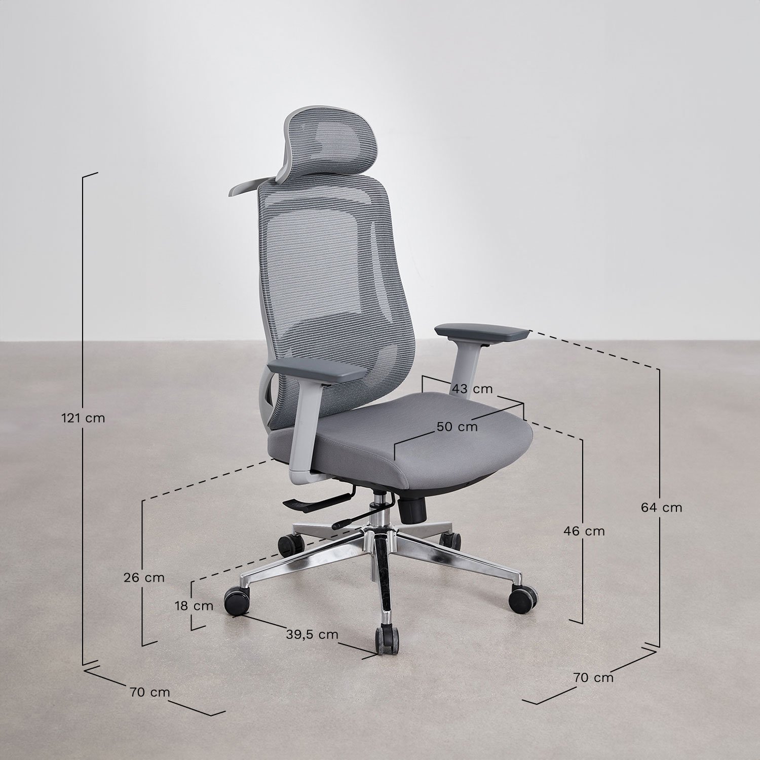 Silla de oficina con ruedas y reposabrazos Larinsa, medidas