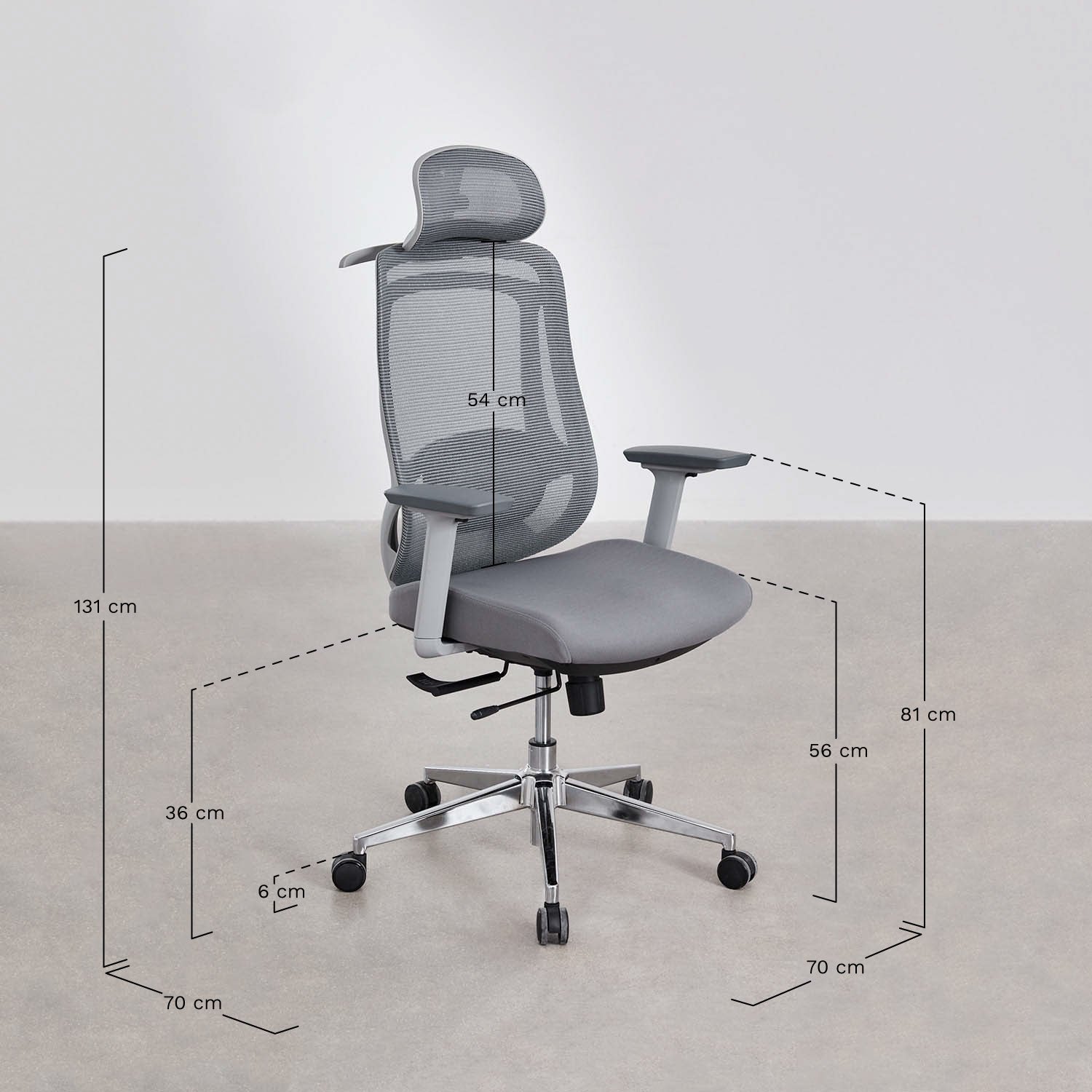 Silla de oficina con ruedas y reposabrazos Larinsa, medidas