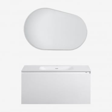 Conjunto De Mueble De Baño Suspendido En Madera Con Lavabo Integrado Macrae Blanco & Ovalado Led Y Antivaho 100x80 Cm Riben & Sin Grifo - Sklum