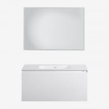 Conjunto De Mueble De Baño Suspendido En Madera Con Lavabo Integrado Macrae Blanco & Rectangular Led Y Antivaho 100x70 Cm Riben & Sin Grifo - Sklum
