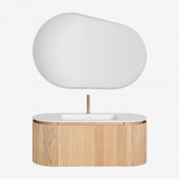 Conjunto De Mueble De Baño Suspendido En Madera Con Lavabo Integrado Carsone Madera Natural & Sin Mueble Auxiliar & Ovalado Led Y Antivaho 120x80 -
