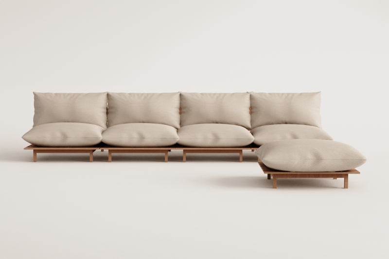 Sofá modular reclinable de 4 piezas con puff en madera de acacia Brina