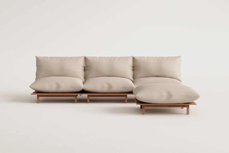 Sofá modular reclinable de 3 piezas con puff en madera de acacia Brina