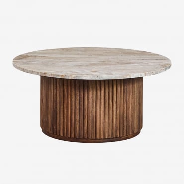 Mesa De Centro Redonda Ø90 Cm En Mármol Y Madera De Mango Giselda Mármol Marrón Toronto - Sklum