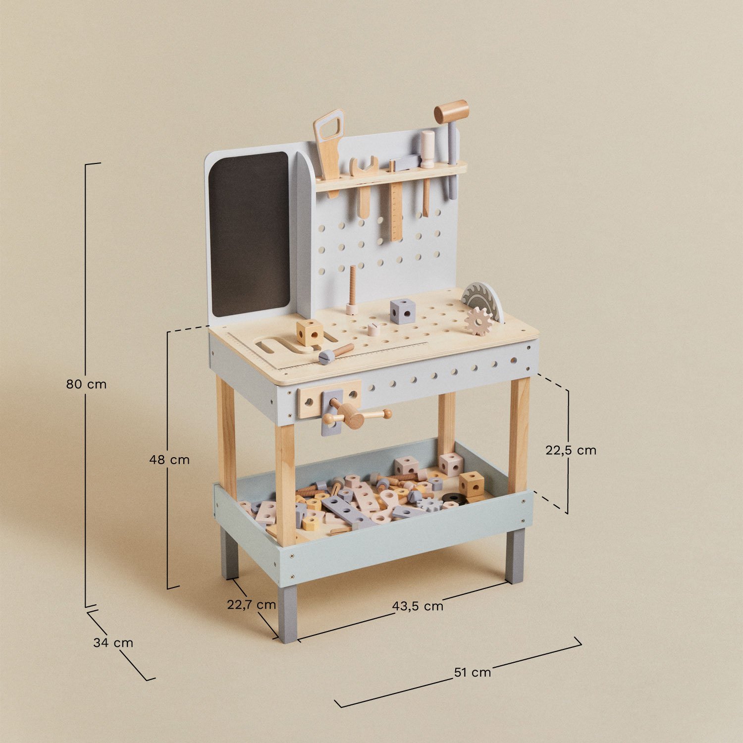 Banco de herramientas en madera Albiore Kids, medidas