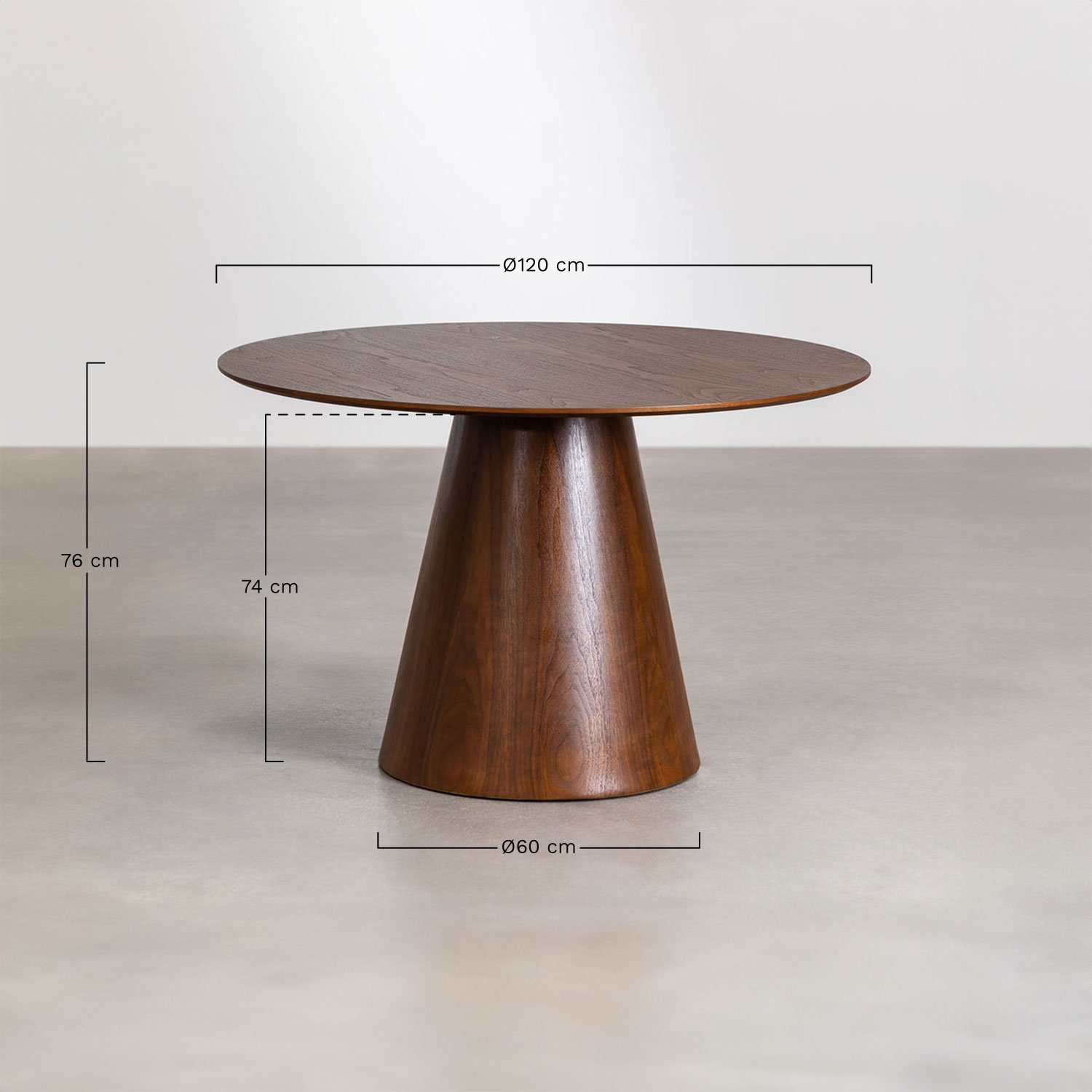 Set de mesa redonda en chapa de nogal (Ø120 cm) Aura y 4 sillas de comedor terciopelo Xastru  , medidas