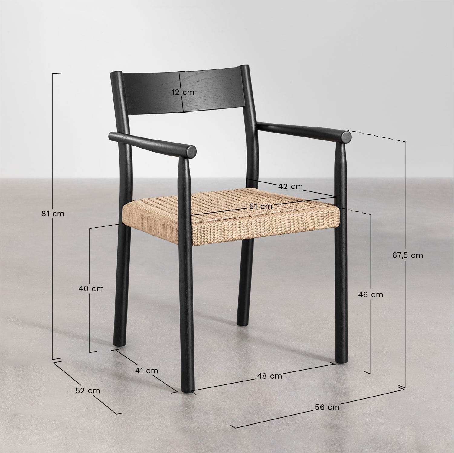 Set de mesa redonda en cemento (Ø120 cm) Noemi y 4 sillas de comedor en madera de roble y cuerda trenzada Mara , medidas
