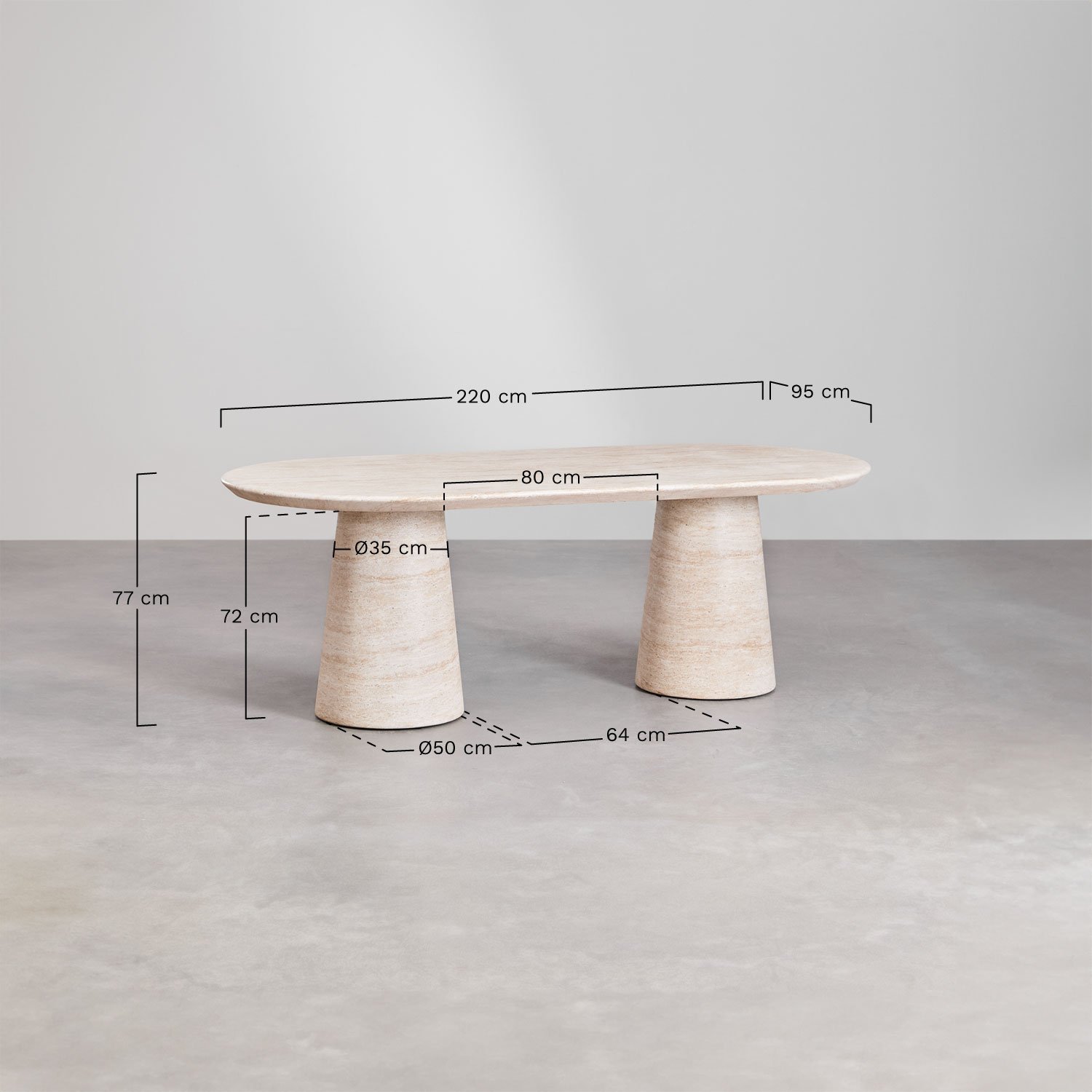 Set de mesa ovalada 220x95 cm en cemento look travertino Noemi y 8 sillas de comedor en madera de roble Mara Signature, medidas