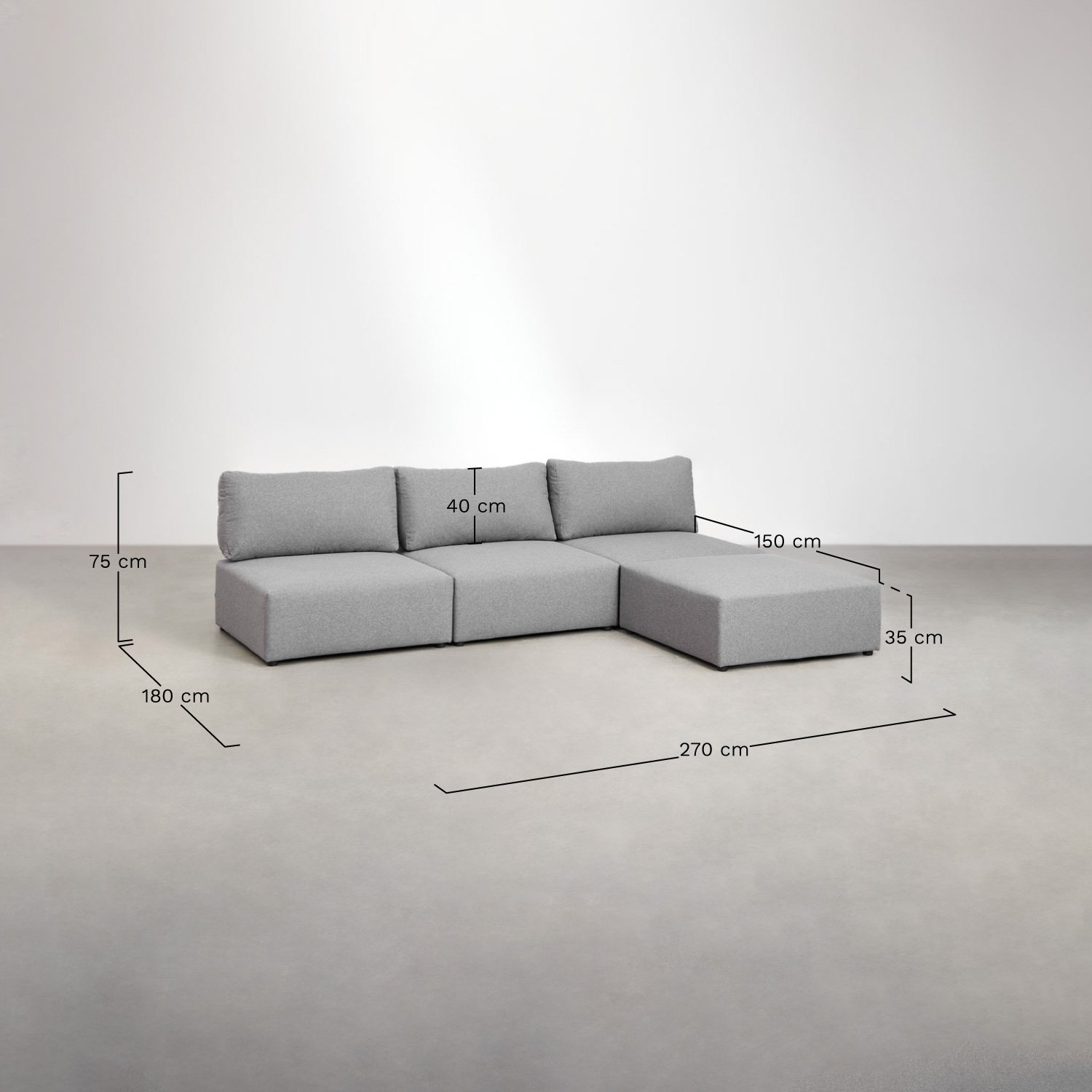 Sofá modular de 3 piezas con puff Kata, medidas