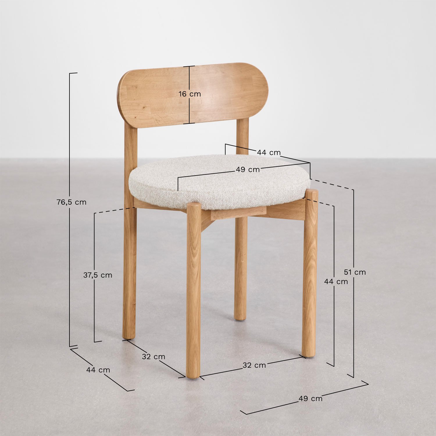 Pack de 2 sillas de comedor en madera de roble tapizadas Bianca, medidas