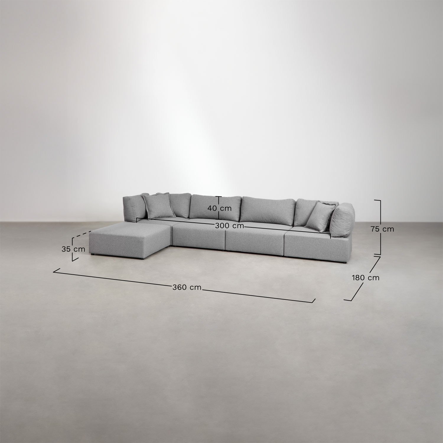 Sofá modular de 4 piezas con 2 sillones esquineros y puff Kata   , medidas