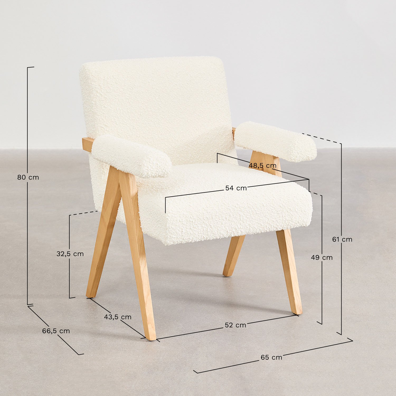 Set de mesa redonda Ø120 cm en chapa de fresno Aura y 4 sillas de comedor en madera y tela bouclé Lucca, medidas