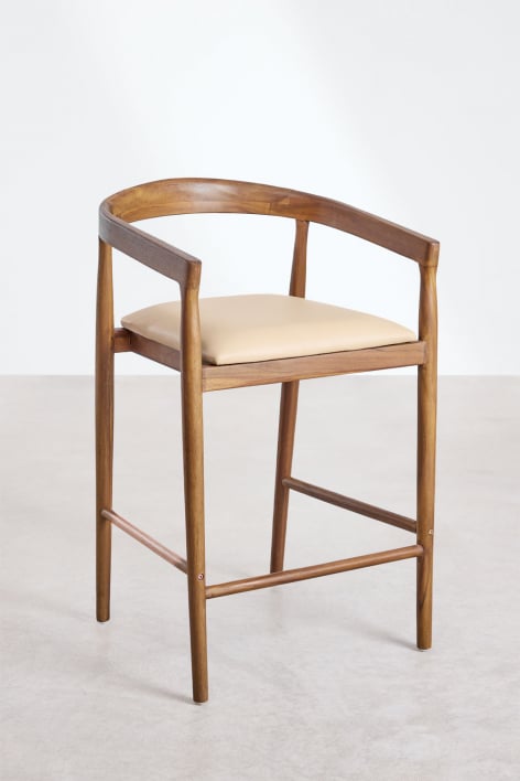 Pack de 4 taburetes altos 70 cm en madera de teca y piel beige vintage Visby