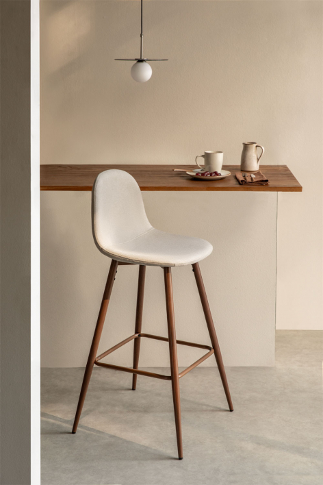 Taburete alto 75 cm en tela beige crema y patas acabado madera oscura Glamm - Beige Crema
