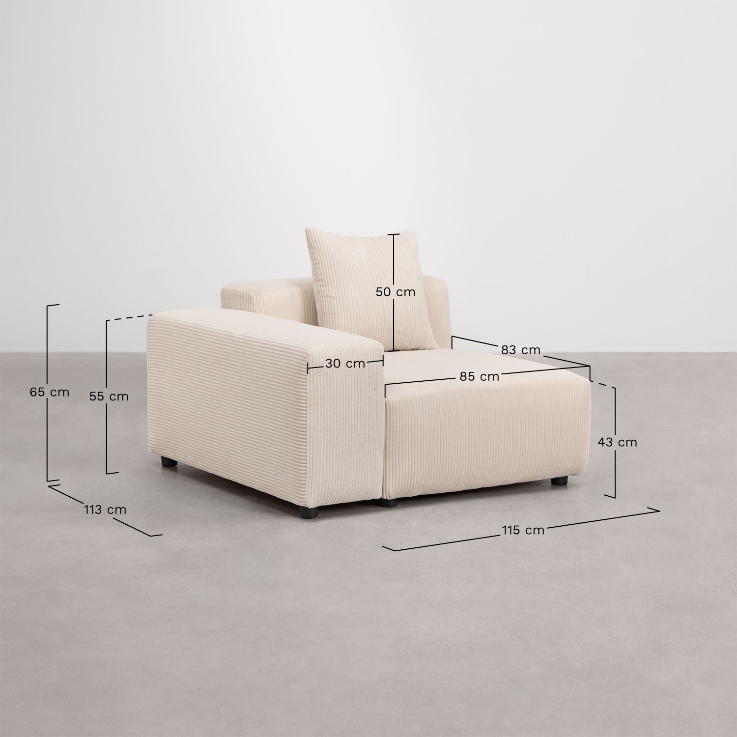 Módulo esquinero izquierdo 115x113 cm con reposabrazos bajo y cojín para sofá modular Bruna , medidas