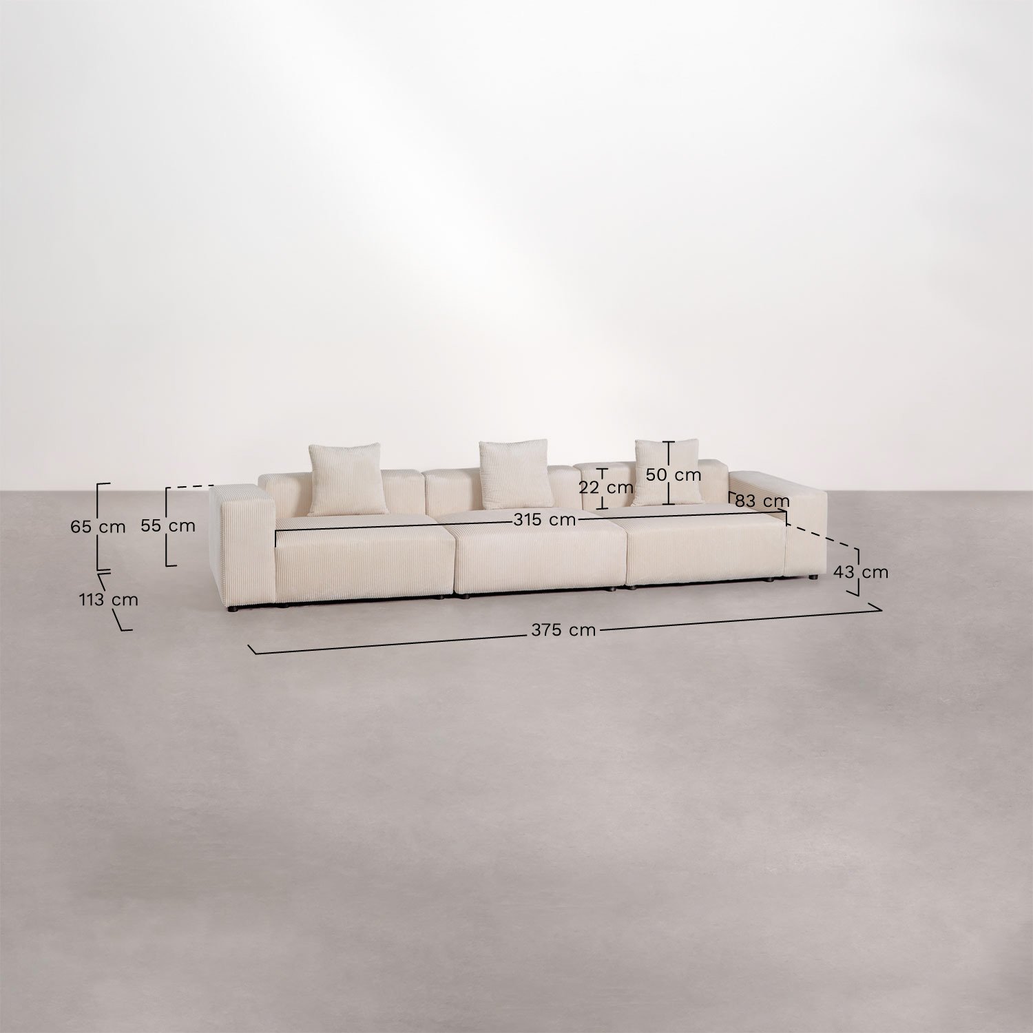 Sofá modular de 3 piezas ↔︎375 cm con reposabrazos bajo Bruna , medidas