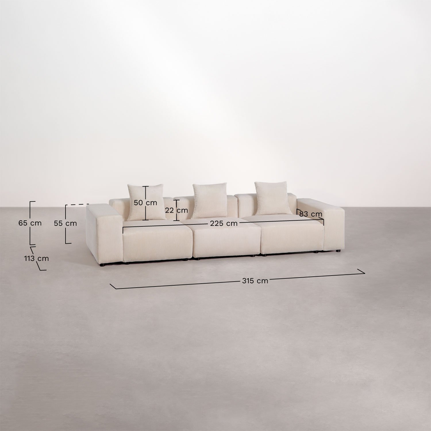 Sofá modular de 3 piezas ↔︎315 cm con reposabrazos bajo Bruna , medidas