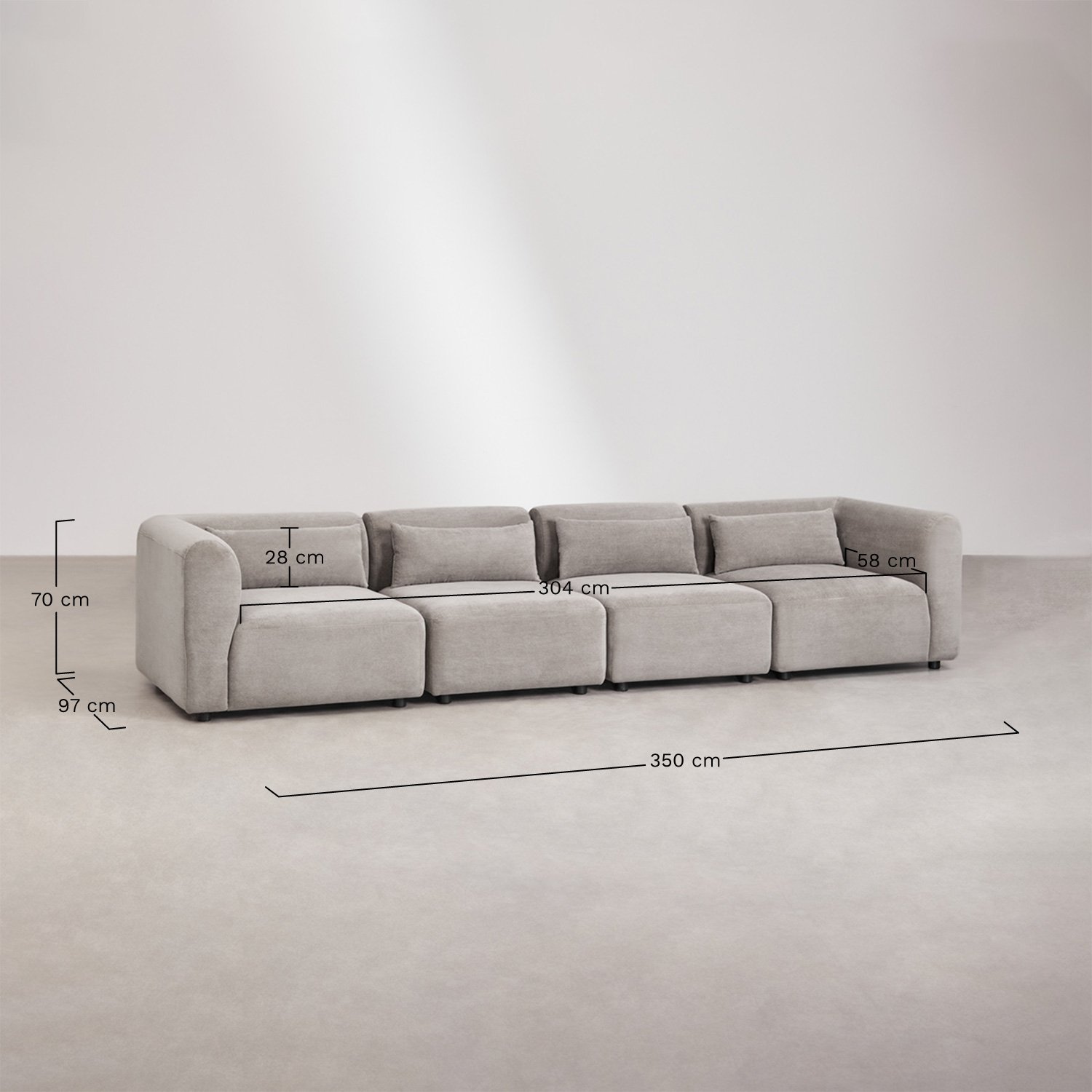 Conjunto de salón con sofá modular de 4 piezas y sillón Fogler, medidas
