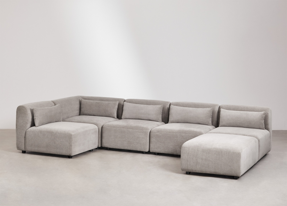 Sofá modular esquinero de 5 piezas con puff Fogler - Pana Gris Topo Claro