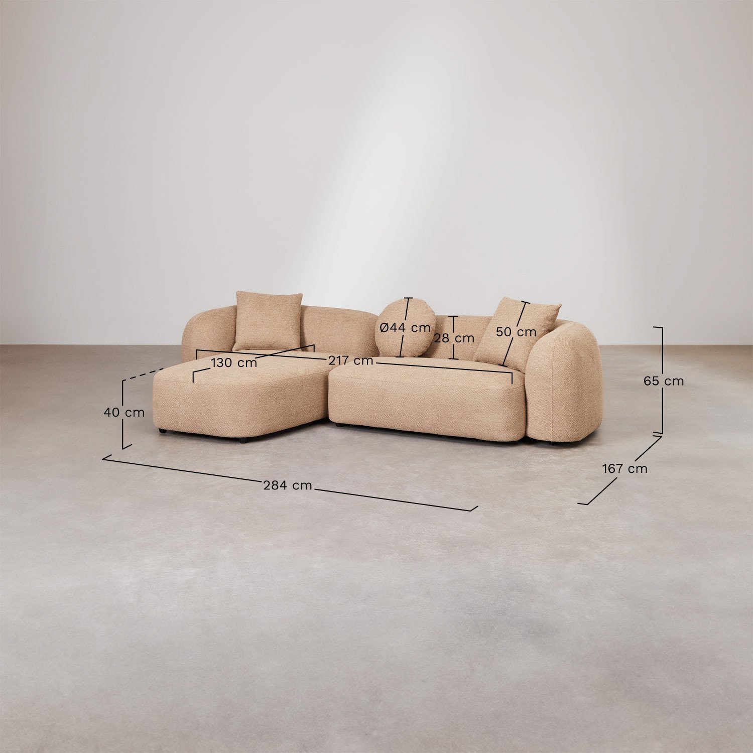 Sofá modular chaise longue izquierdo de 2 piezas en chenilla Coco, medidas
