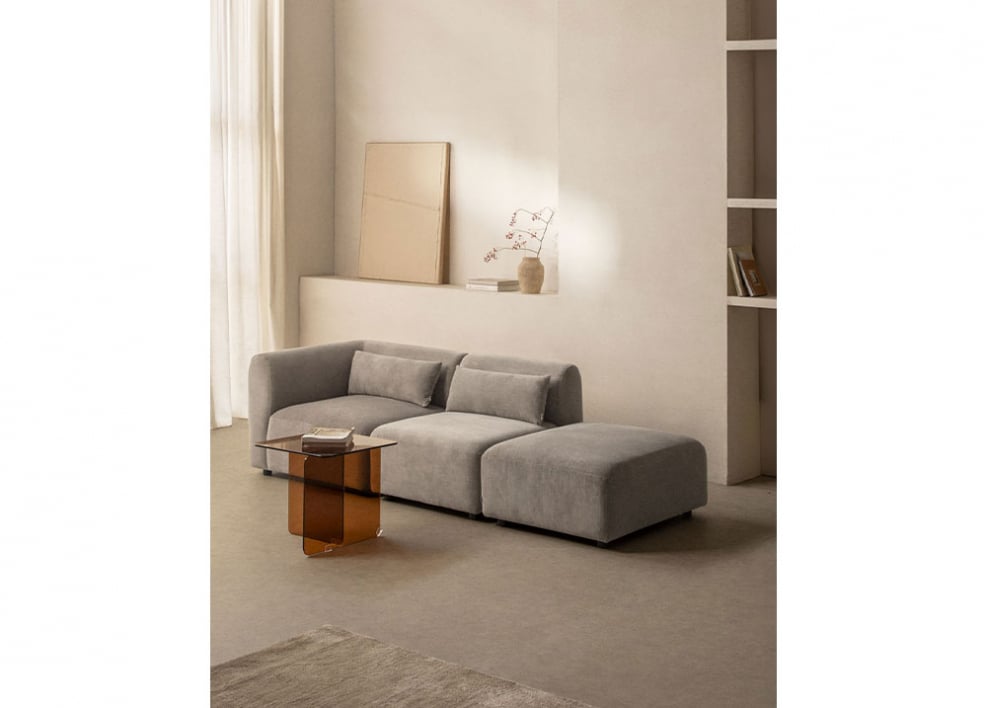 Sofá modular esquinero de 2 piezas con puff Fogler - Pana Gris Topo Claro