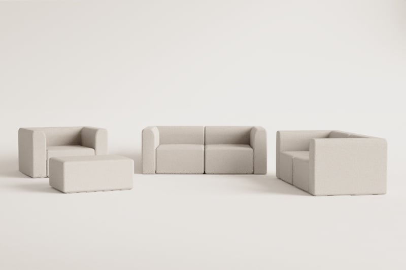 Conjunto de salón con 2 sofás modulares de 2 piezas, sillón y puff Fogler