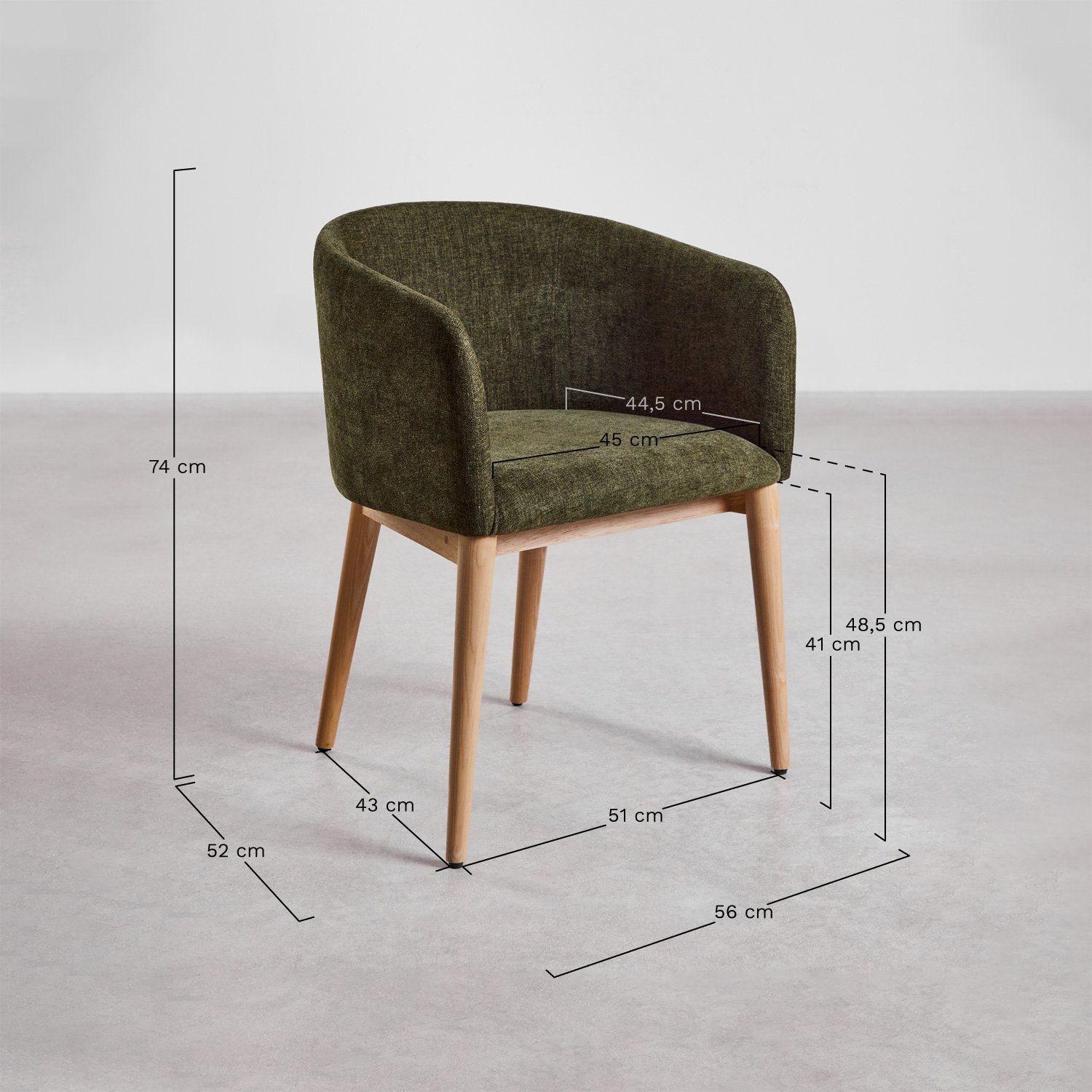 Silla de comedor tapizada con reposabrazos Bunia, medidas