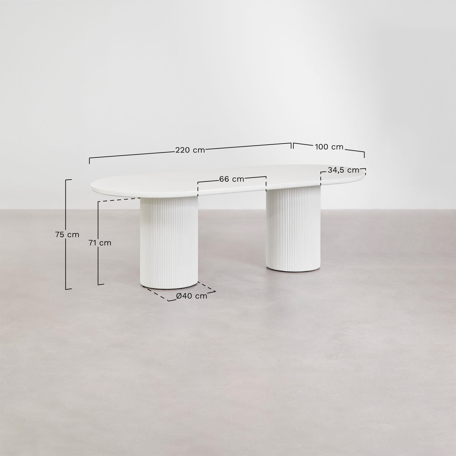 Mesa de comedor ovalada 220x100 cm en cemento Velia, medidas