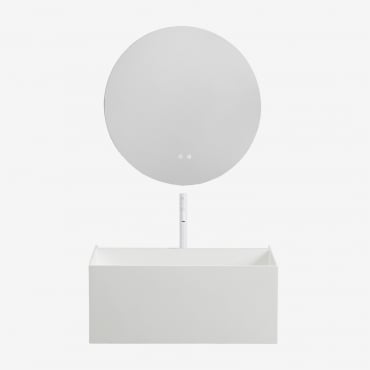 Conjunto De Mueble De Baño Suspendido En Resina Con Lavabo Integrado Y Luz Led Nerine Blanco & Redondo Led Y Antivaho Ø70 Cm Riben - Sklum