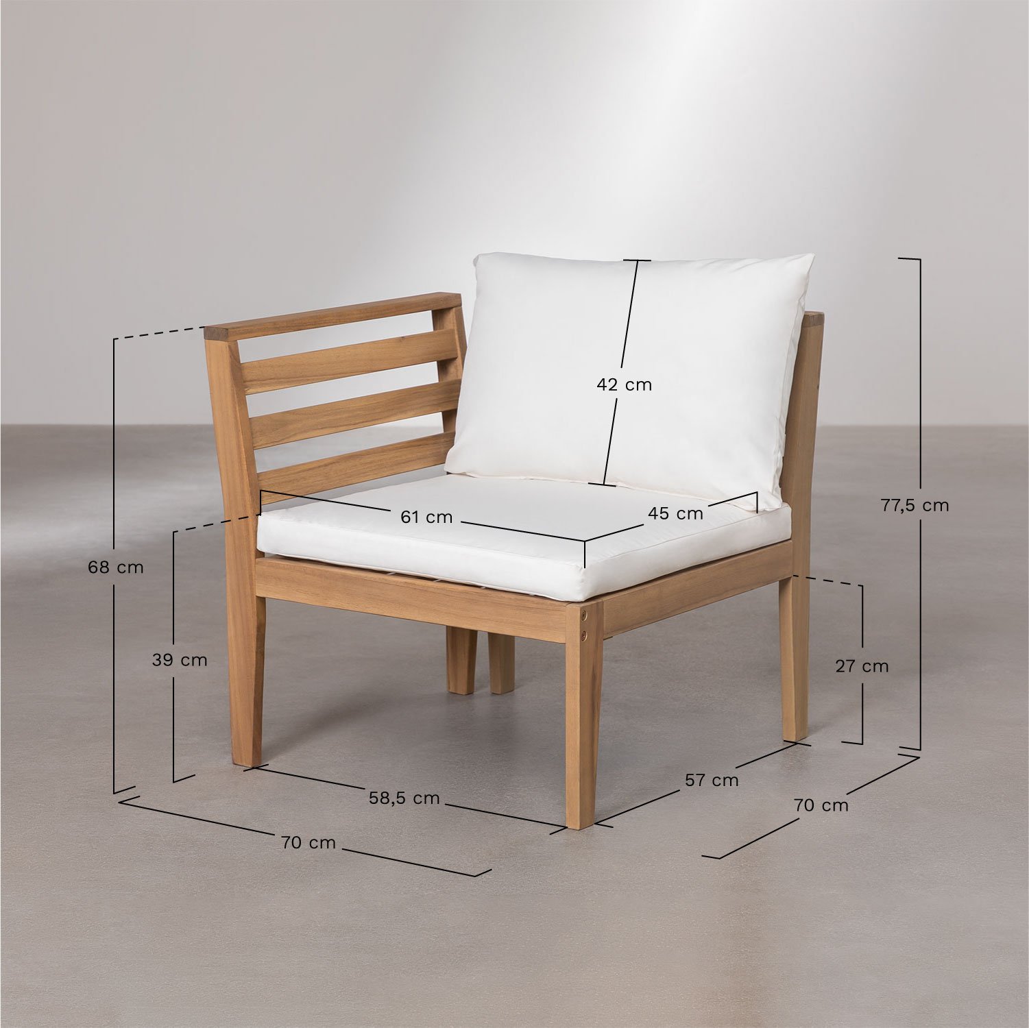 Módulo esquinero izquierdo para sofá modular de jardín en madera de acacia Filips, medidas