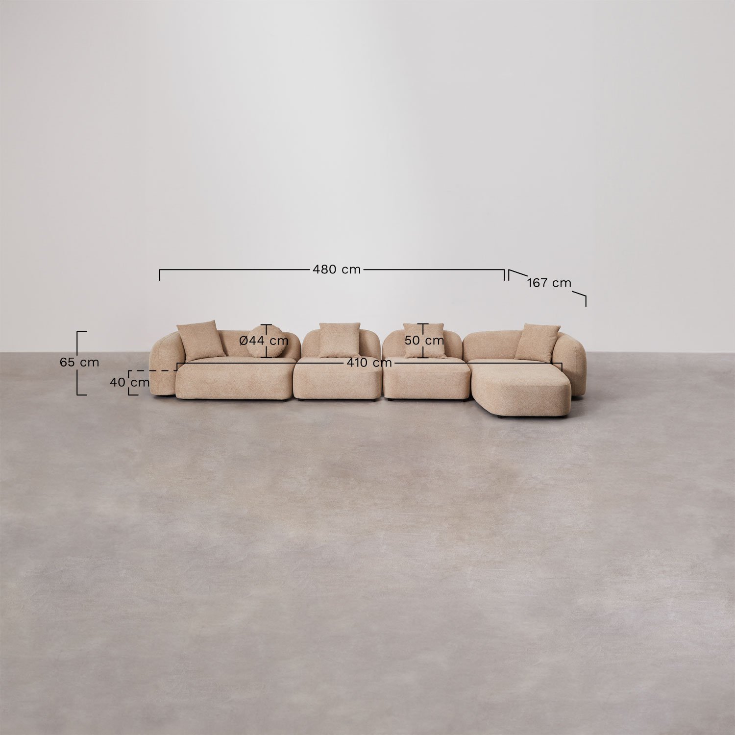 Sofá modular chaise longue derecho de 4 piezas en chenilla Coco, medidas