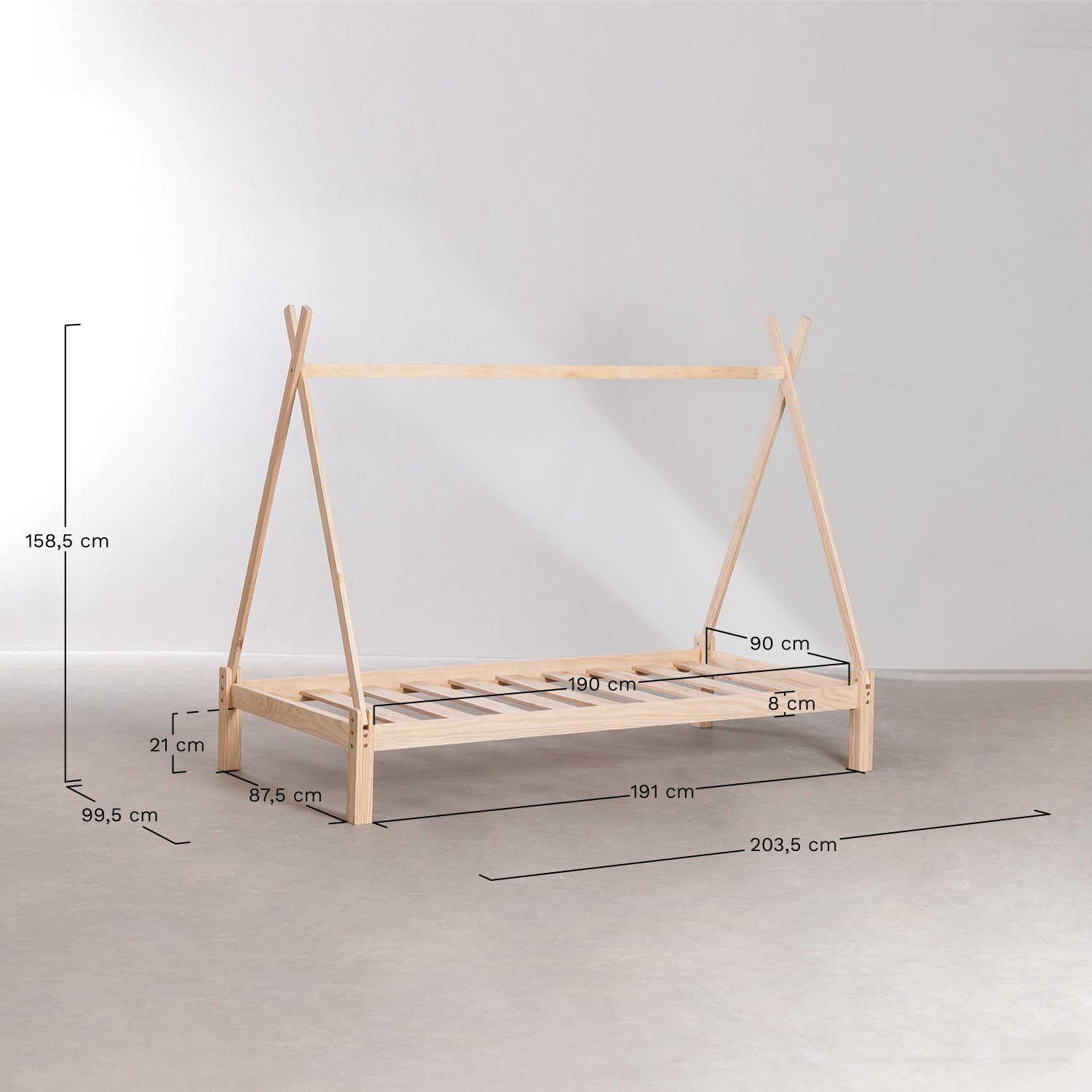 Cama para colchón de 90 cm en madera de pino Joan Kids  , medidas