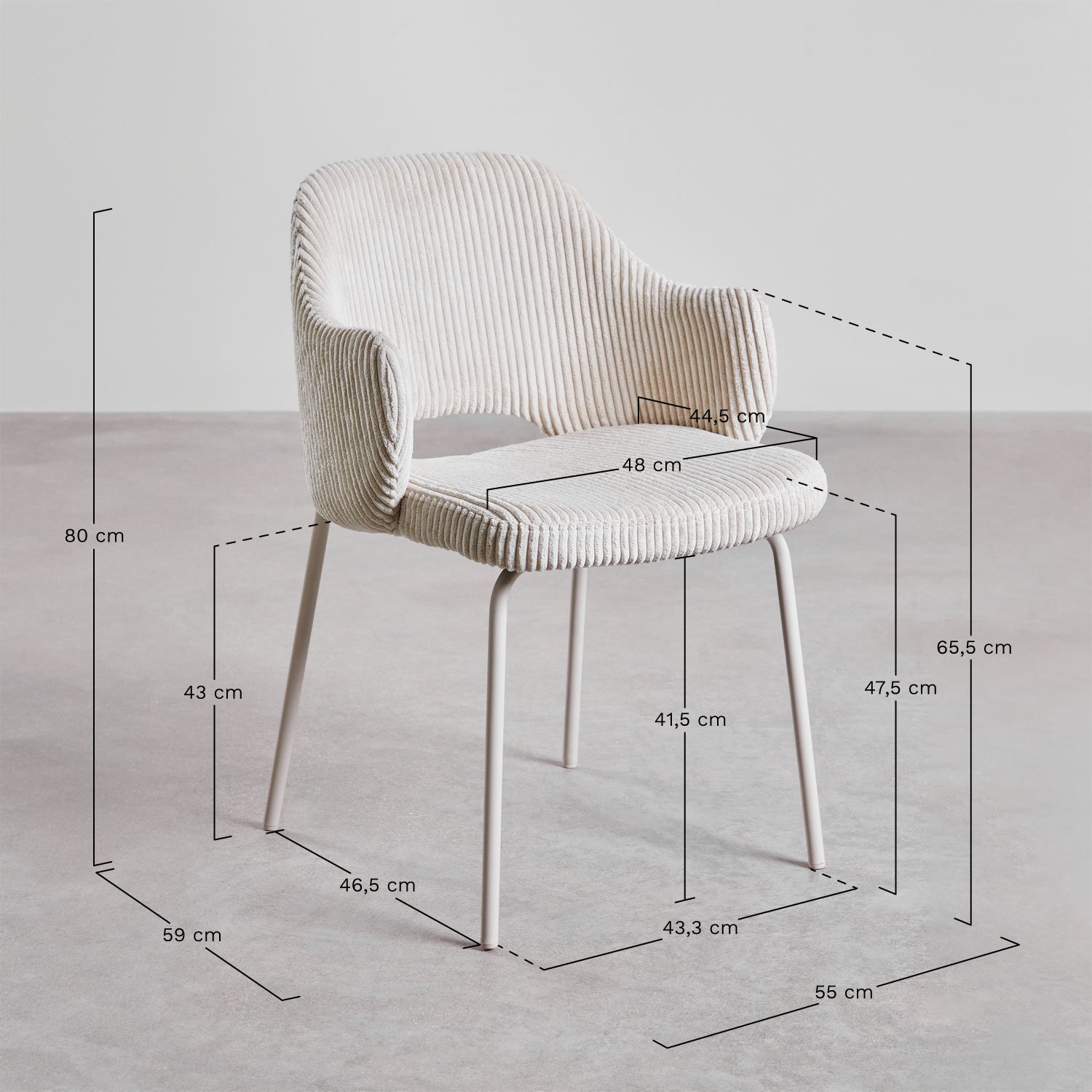 Silla de comedor con reposabrazos tapizada Gemma, medidas